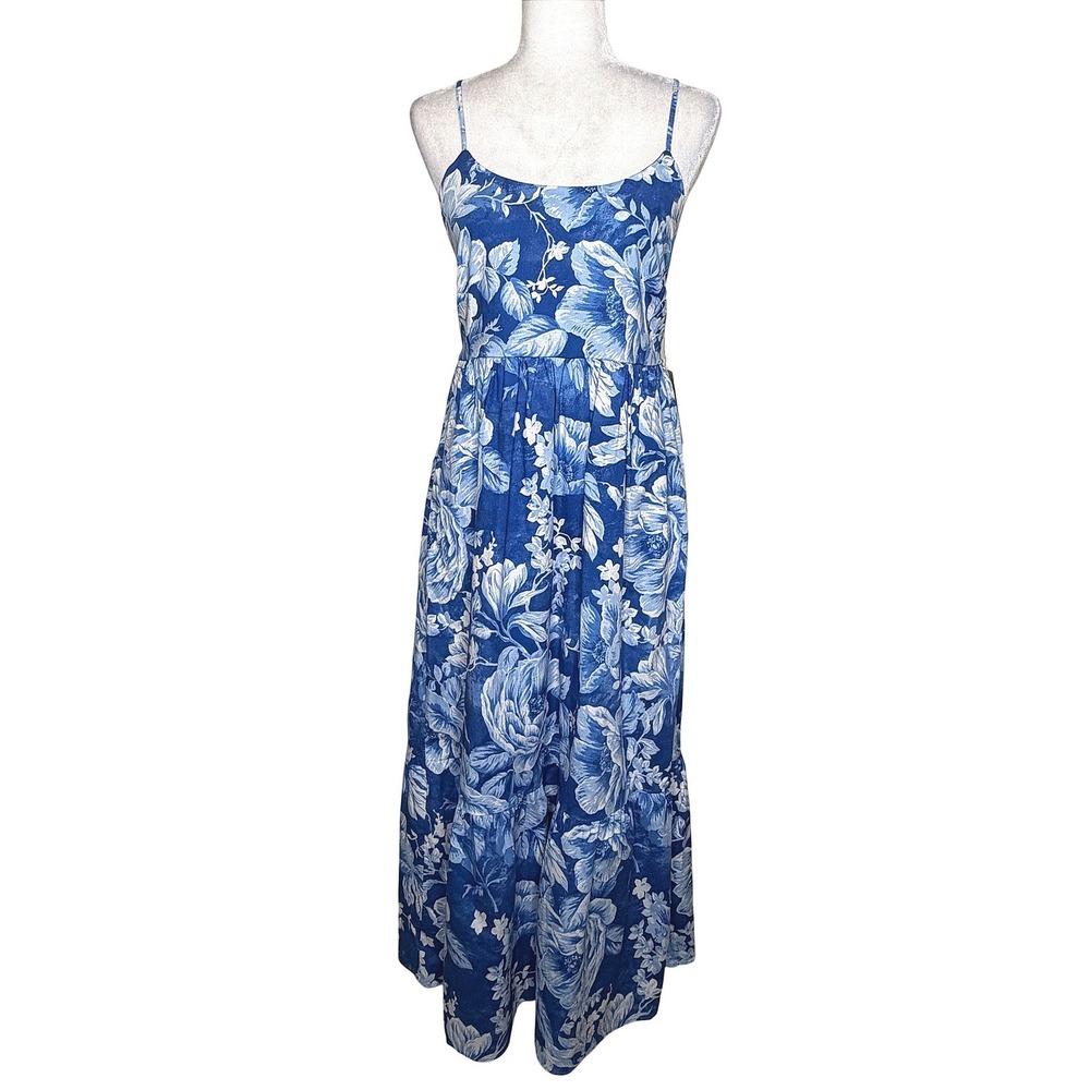 New Joie Blue White Floral Cotton Tiered Maxi Dress Sz 10 Tie Back Resort Wear